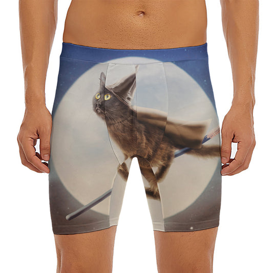 Halloween Flying Witch Cat Print Men's Long Boxer Briefs