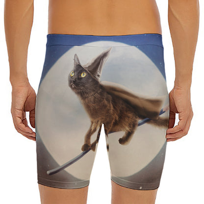 Halloween Flying Witch Cat Print Men's Long Boxer Briefs