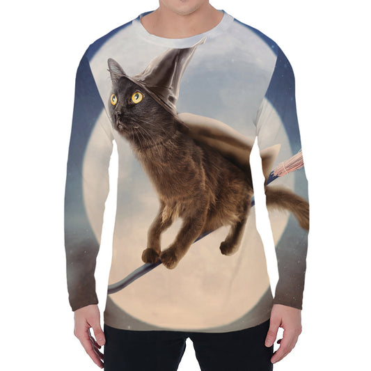 Halloween Flying Witch Cat Print Men's Long Sleeve T-Shirt