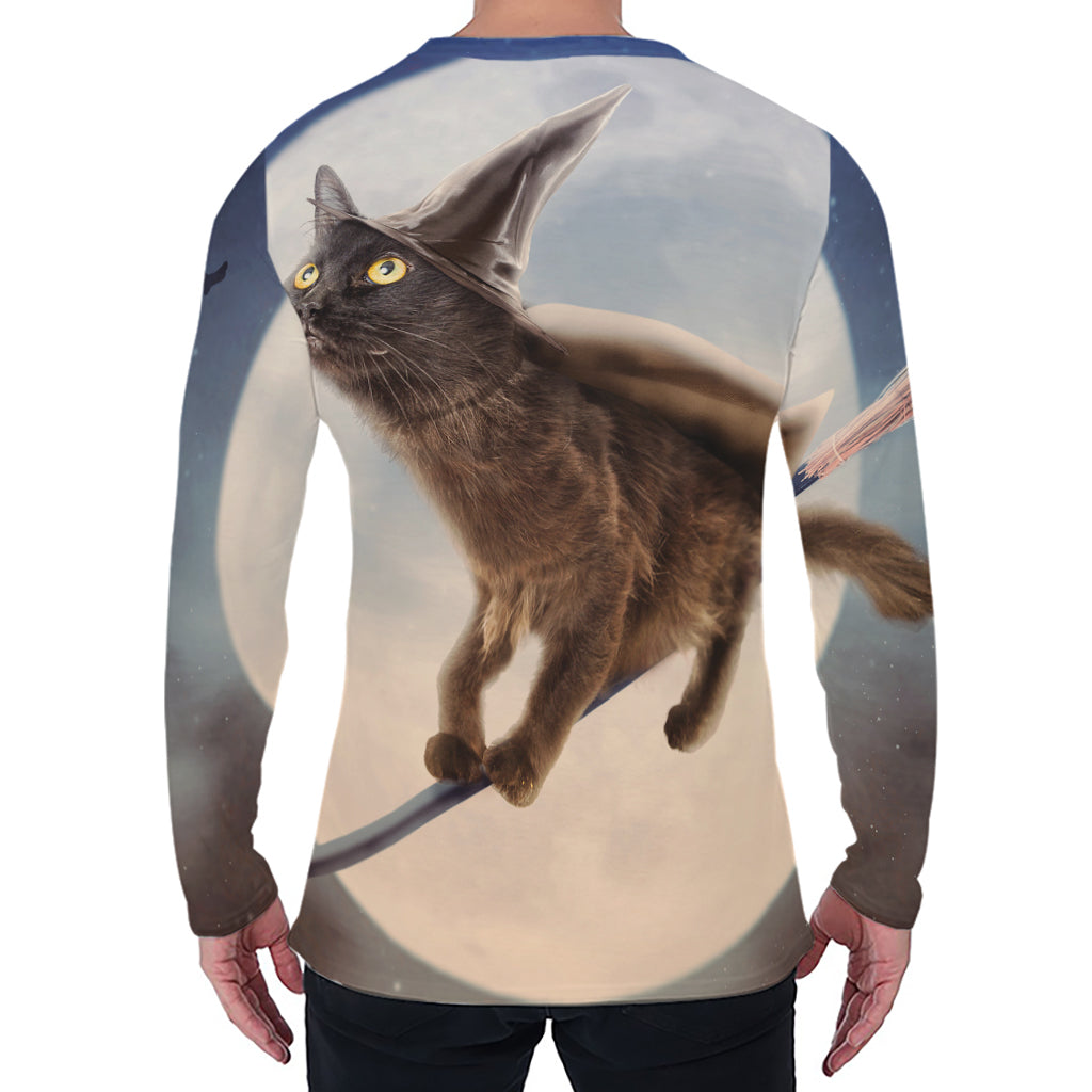 Halloween Flying Witch Cat Print Men's Long Sleeve T-Shirt