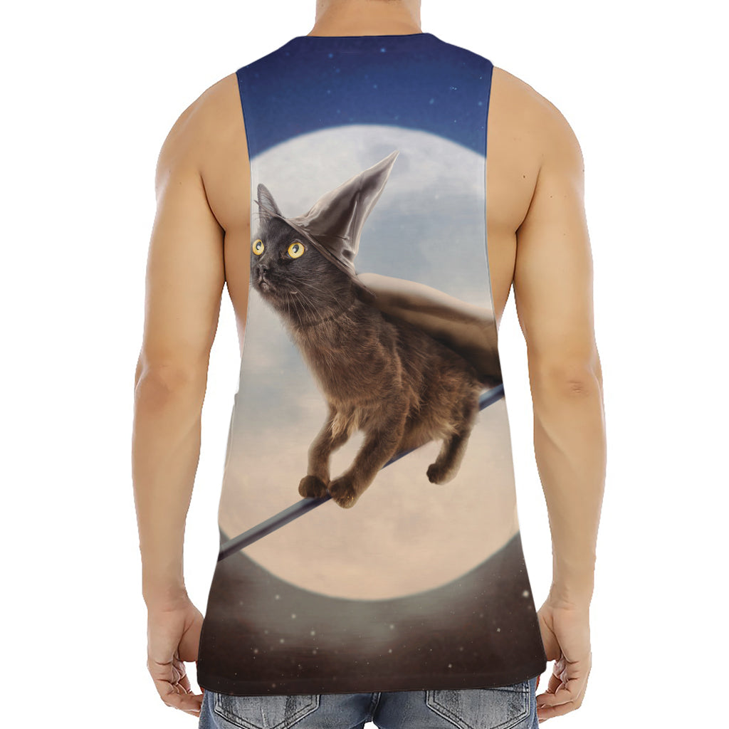Halloween Flying Witch Cat Print Men's Muscle Tank Top