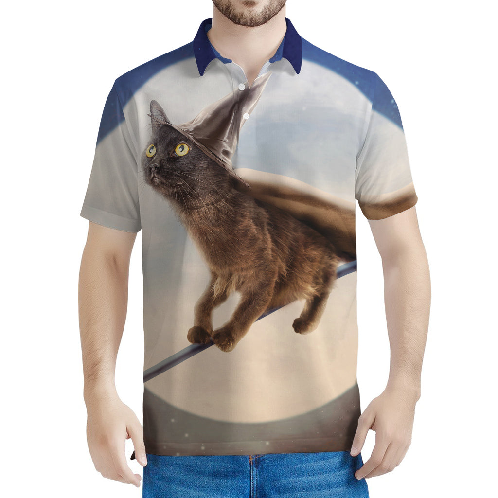Halloween Flying Witch Cat Print Men's Polo Shirt