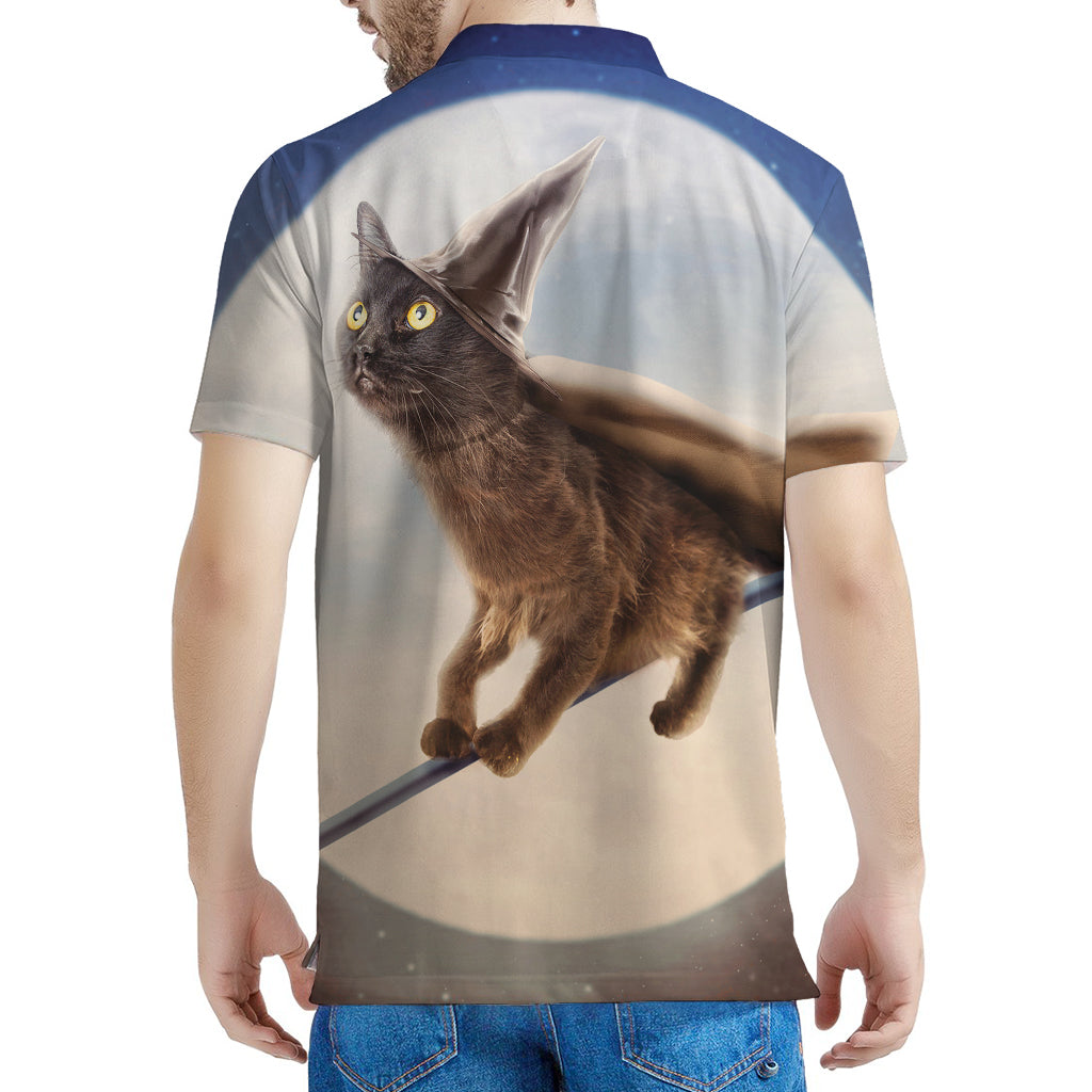 Halloween Flying Witch Cat Print Men's Polo Shirt