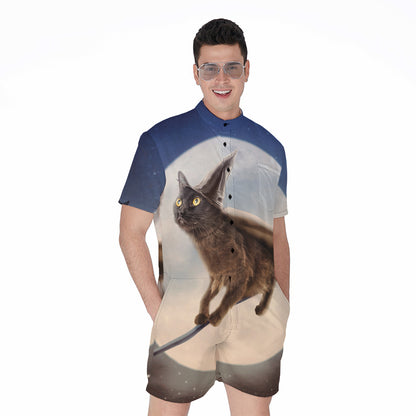 Halloween Flying Witch Cat Print Men's Rompers