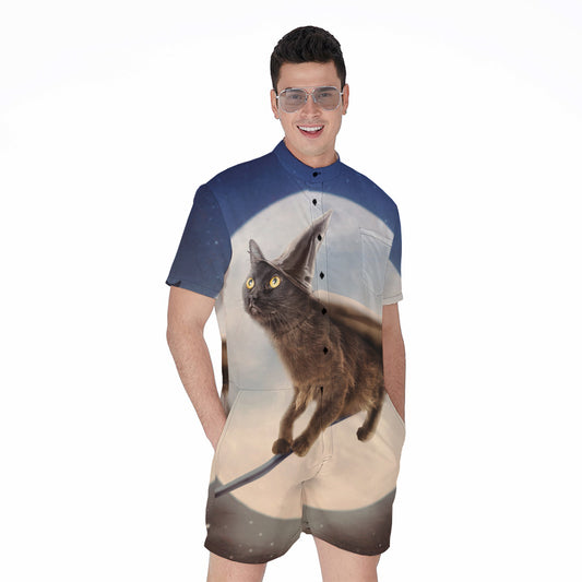 Halloween Flying Witch Cat Print Men's Rompers