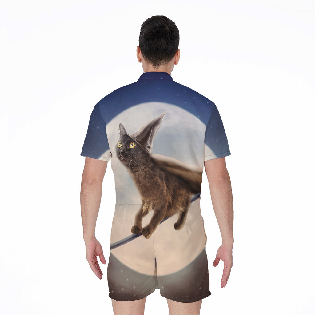 Halloween Flying Witch Cat Print Men's Rompers