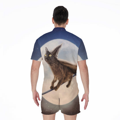 Halloween Flying Witch Cat Print Men's Rompers