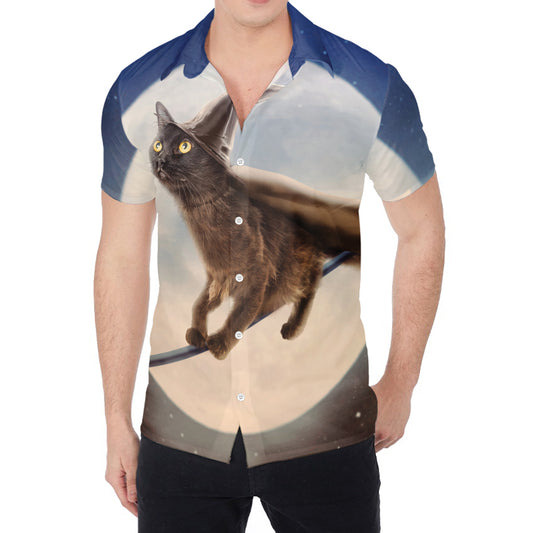Halloween Flying Witch Cat Print Men's Shirt