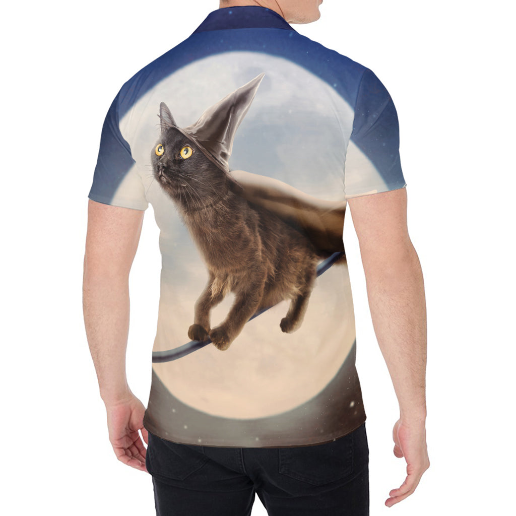 Halloween Flying Witch Cat Print Men's Shirt