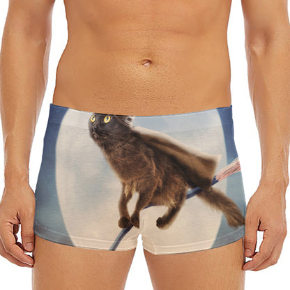 Halloween Flying Witch Cat Print Men's Short Boxer Briefs