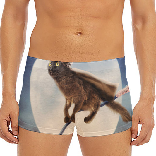 Halloween Flying Witch Cat Print Men's Short Boxer Briefs