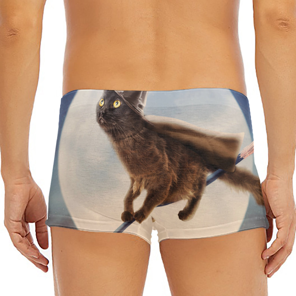 Halloween Flying Witch Cat Print Men's Short Boxer Briefs