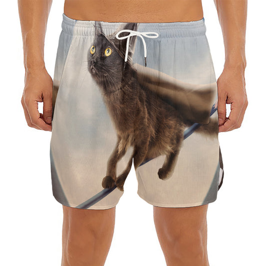 Halloween Flying Witch Cat Print Men's Split Running Shorts