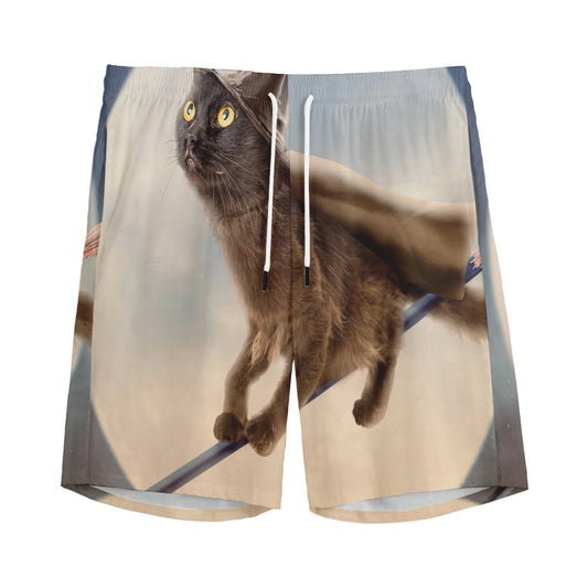 Halloween Flying Witch Cat Print Men's Sports Shorts