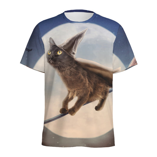 Halloween Flying Witch Cat Print Men's Sports T-Shirt