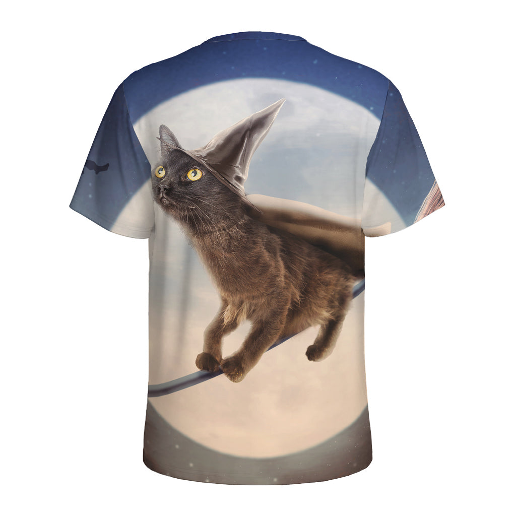 Halloween Flying Witch Cat Print Men's Sports T-Shirt