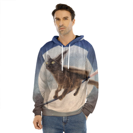 Halloween Flying Witch Cat Print Men's Velvet Pullover Hoodie