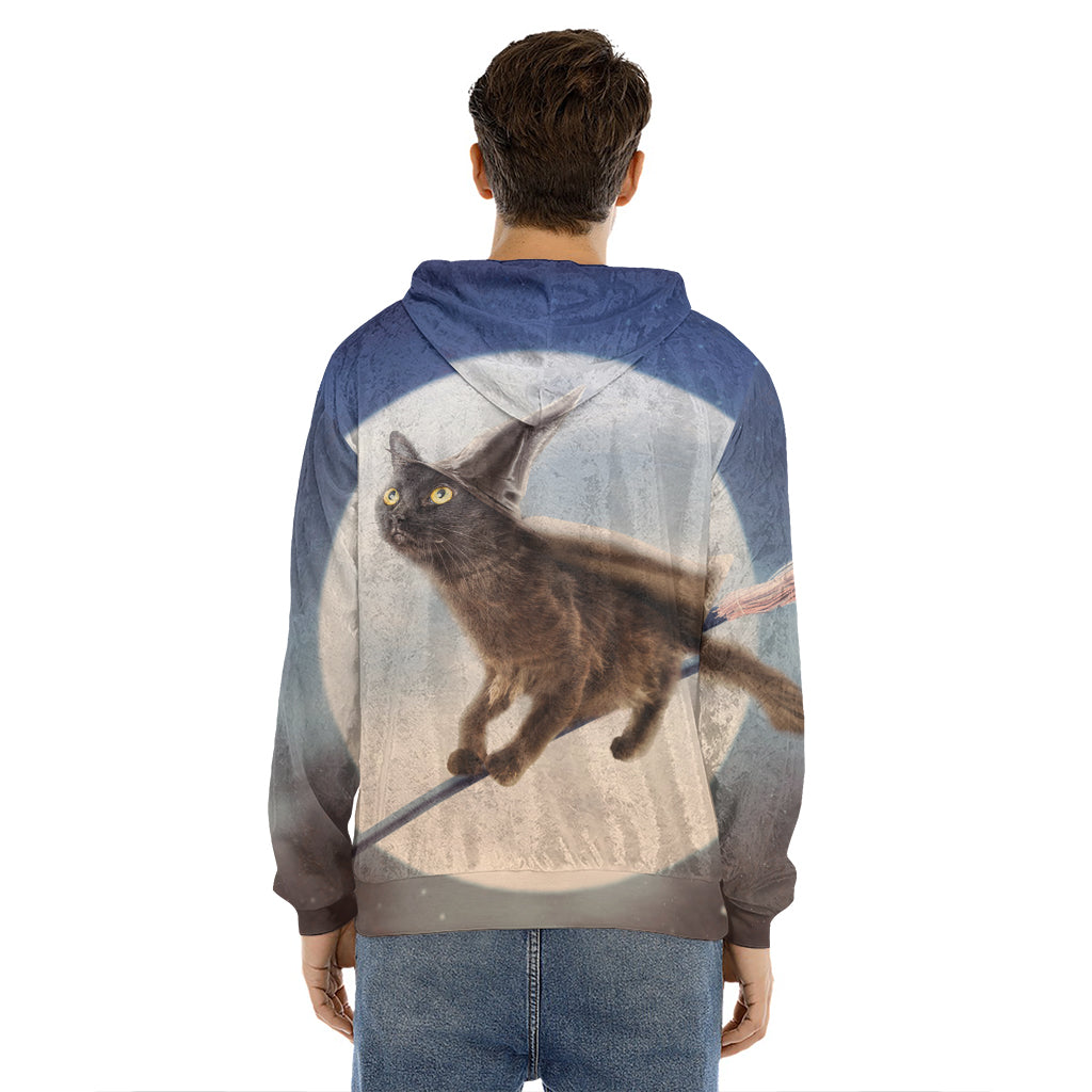 Halloween Flying Witch Cat Print Men's Velvet Pullover Hoodie