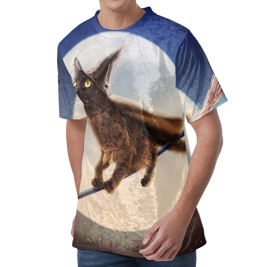 Halloween Flying Witch Cat Print Men's Velvet T-Shirt