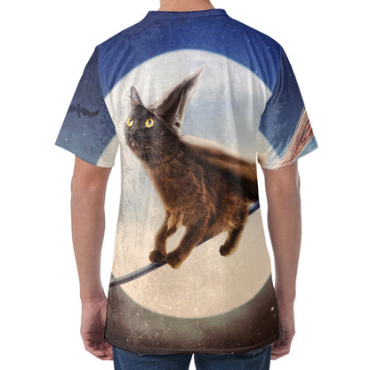 Halloween Flying Witch Cat Print Men's Velvet T-Shirt