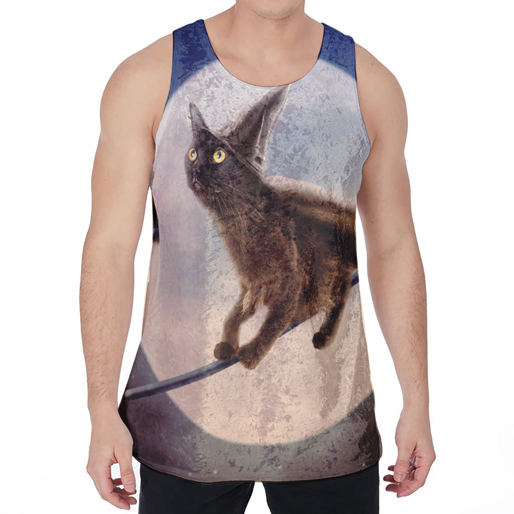 Halloween Flying Witch Cat Print Men's Velvet Tank Top