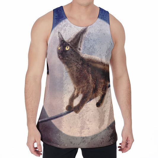 Halloween Flying Witch Cat Print Men's Velvet Tank Top