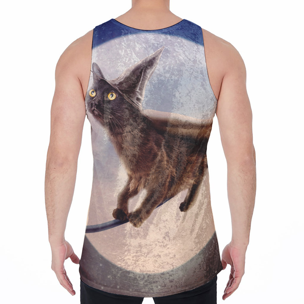Halloween Flying Witch Cat Print Men's Velvet Tank Top
