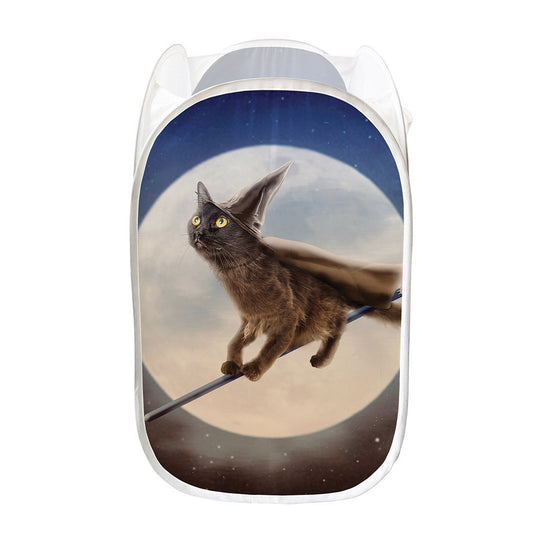 Halloween Flying Witch Cat Print Mesh Laundry Hamper