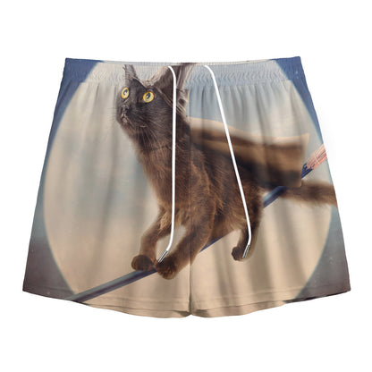 Halloween Flying Witch Cat Print Mesh Shorts