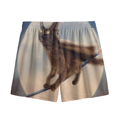Halloween Flying Witch Cat Print Mesh Shorts