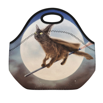 Halloween Flying Witch Cat Print Neoprene Lunch Bag