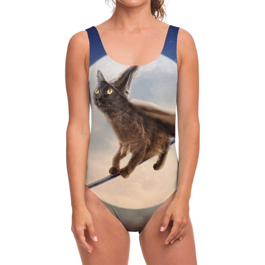 Halloween Flying Witch Cat Print One Piece Swimsuit