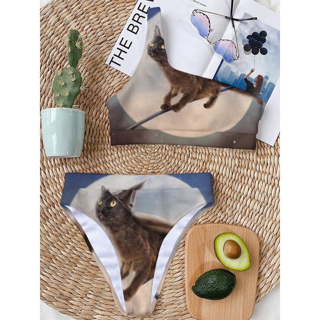 Halloween Flying Witch Cat Print One Shoulder Bikini Top