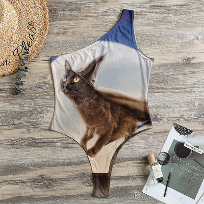 Halloween Flying Witch Cat Print One Shoulder Bodysuit
