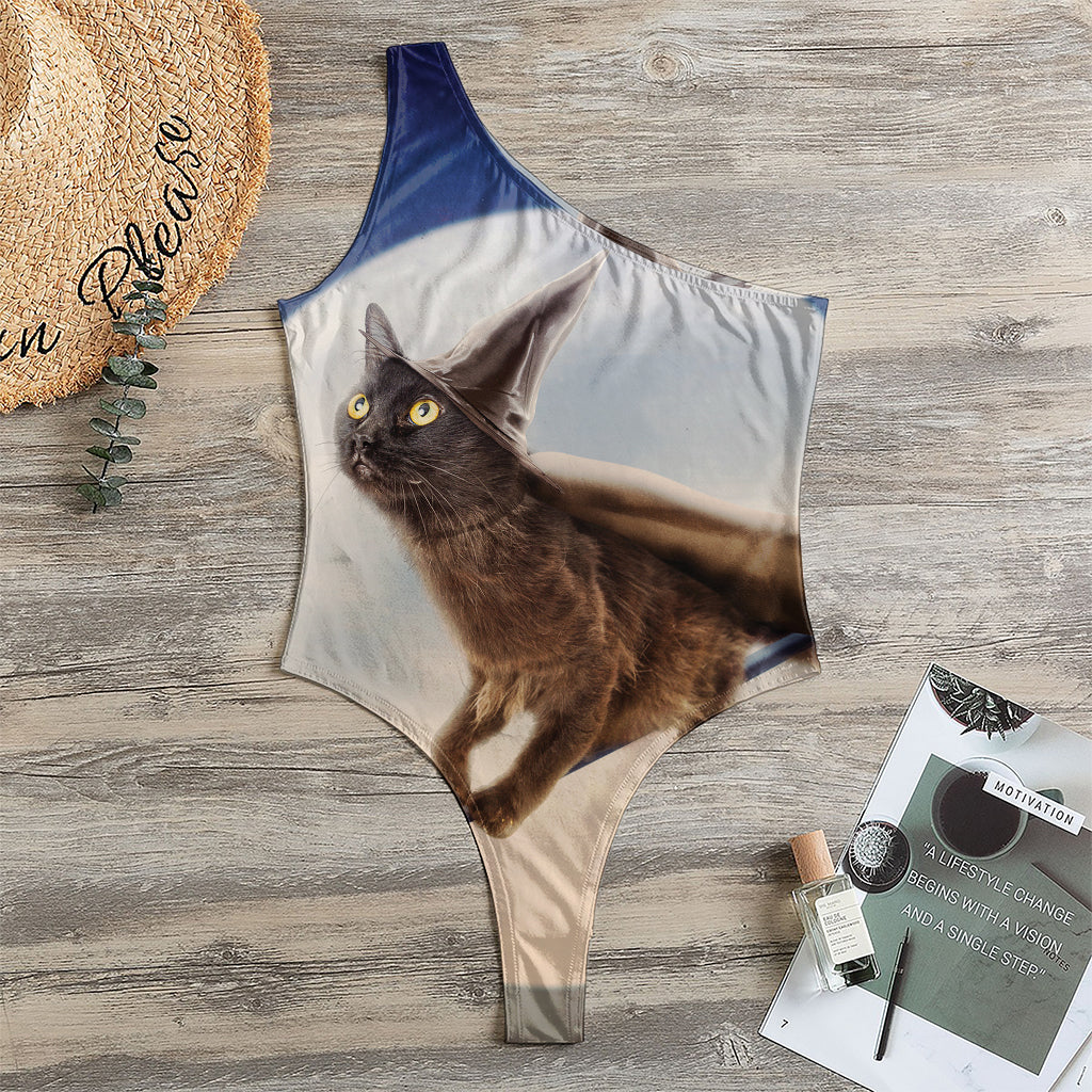 Halloween Flying Witch Cat Print One Shoulder Bodysuit
