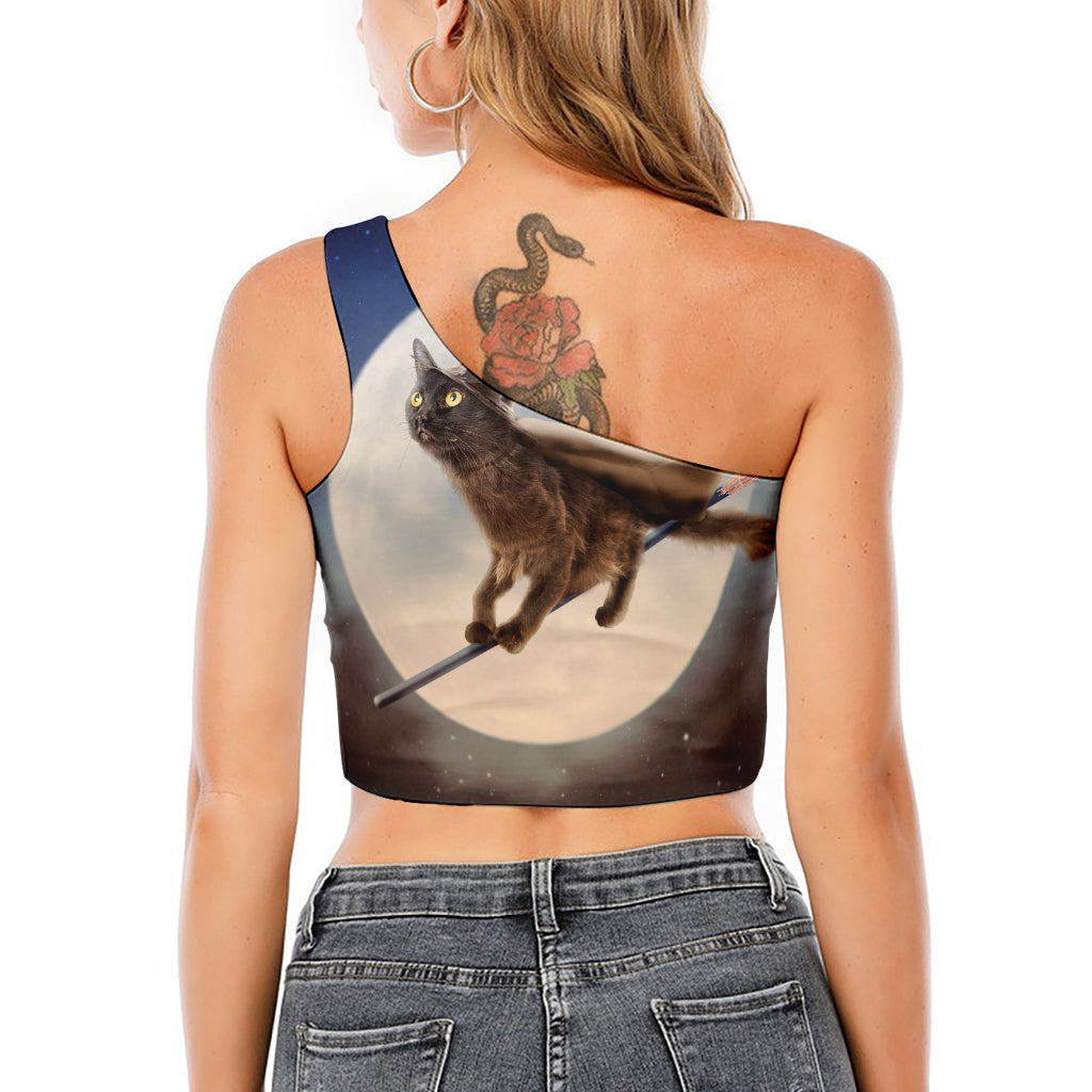 Halloween Flying Witch Cat Print One Shoulder Crop Top