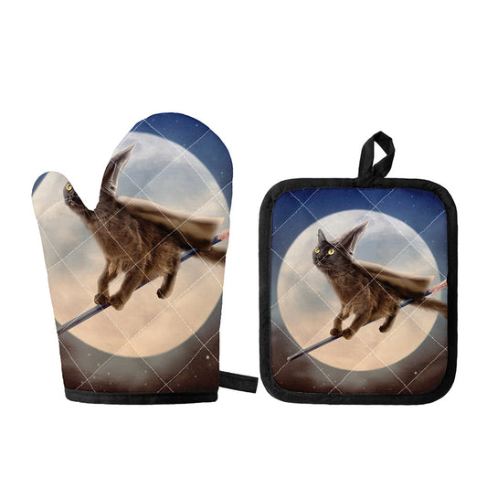 Halloween Flying Witch Cat Print Oven Mitt And Pot Holder Set