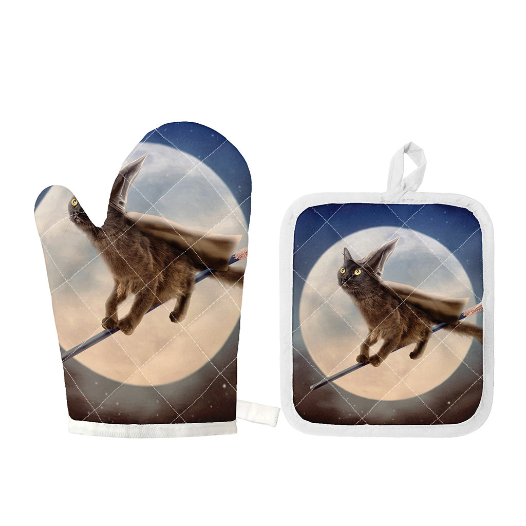 Halloween Flying Witch Cat Print Oven Mitt And Pot Holder Set