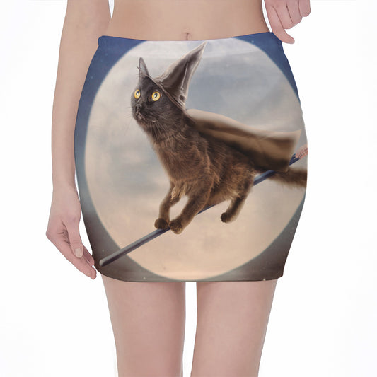 Halloween Flying Witch Cat Print Pencil Mini Skirt
