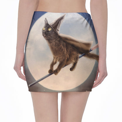 Halloween Flying Witch Cat Print Pencil Mini Skirt