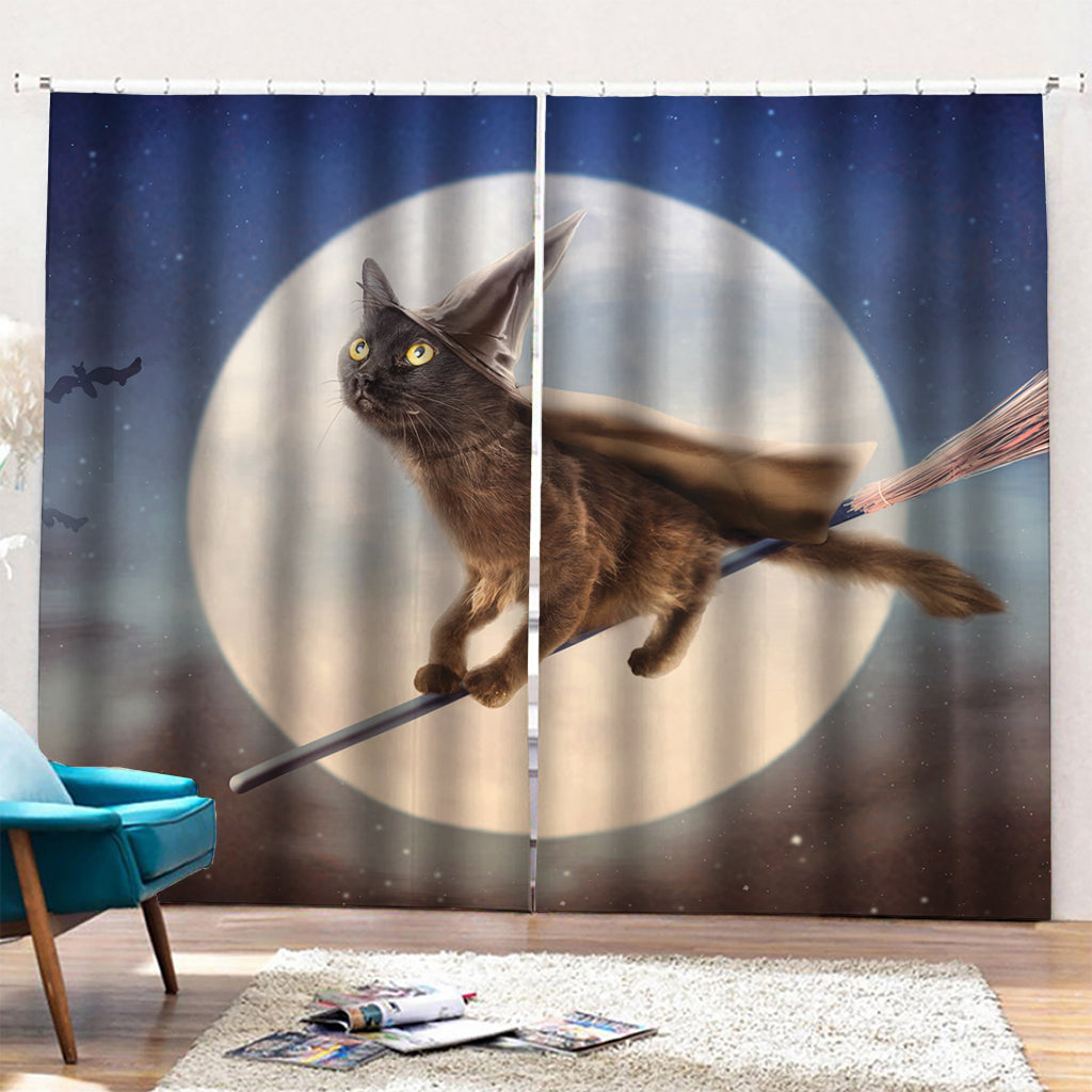 Halloween Flying Witch Cat Print Pencil Pleat Curtains