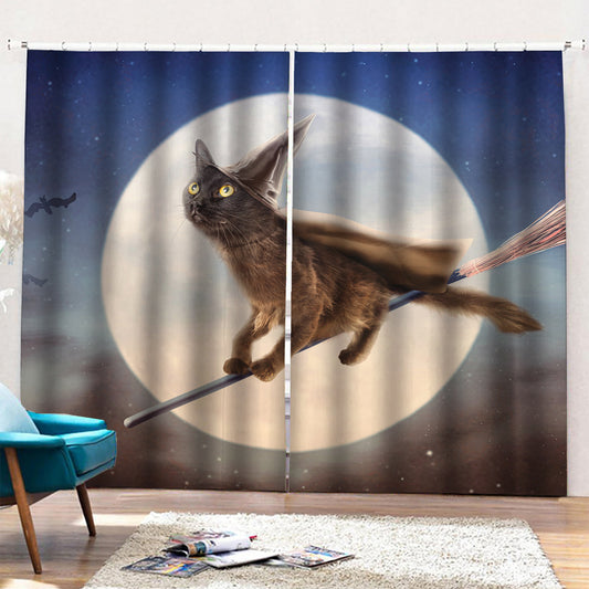 Halloween Flying Witch Cat Print Pencil Pleat Curtains