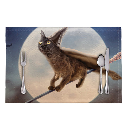 Halloween Flying Witch Cat Print Placemat