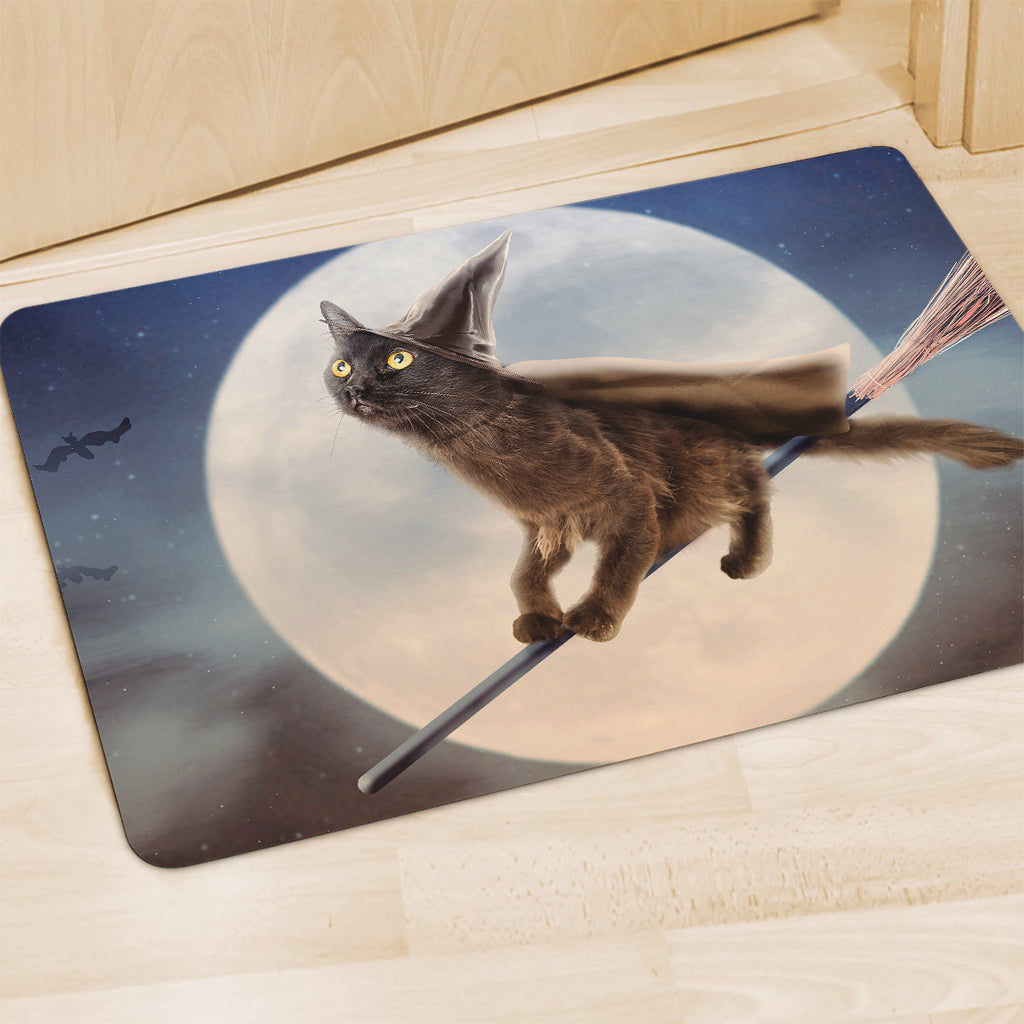 Halloween Flying Witch Cat Print Polyester Doormat