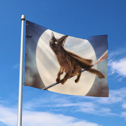 Halloween Flying Witch Cat Print Polyester Flag