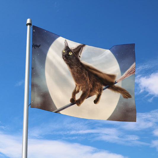 Halloween Flying Witch Cat Print Polyester Flag