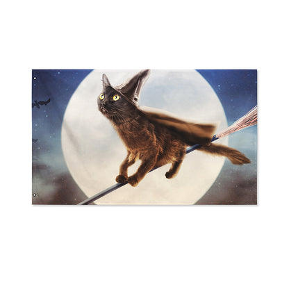 Halloween Flying Witch Cat Print Polyester Flag