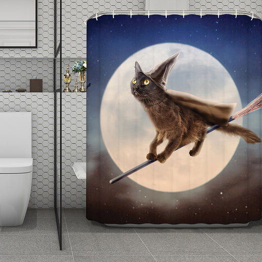 Halloween Flying Witch Cat Print Polyester Shower Curtain