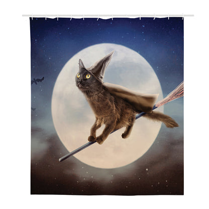 Halloween Flying Witch Cat Print Polyester Shower Curtain