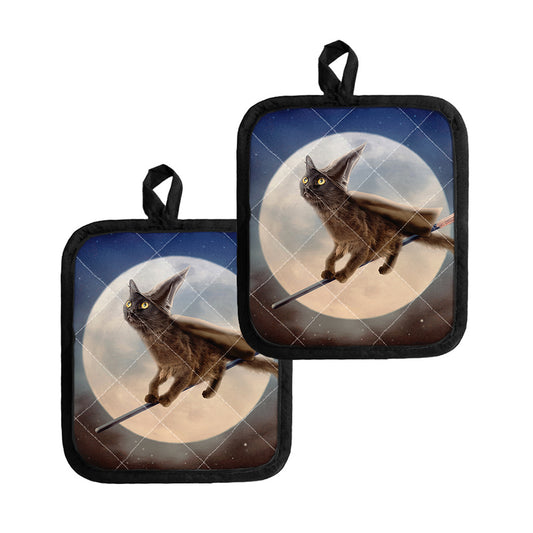 Halloween Flying Witch Cat Print Pot Holders